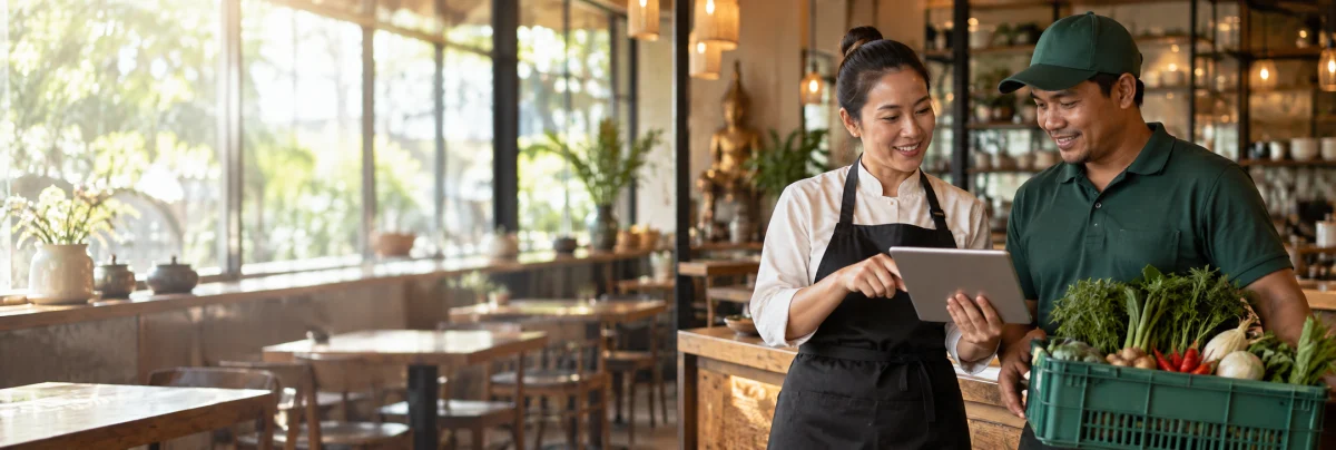 ภาพประกอบผู้ประกอบการร้านอาหารพูดคุยข้อมูลกับผู้จัดจำหน่ายอิสระ